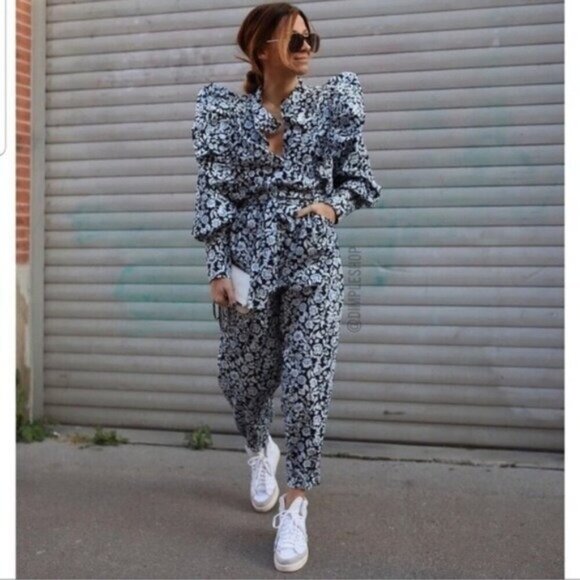 Zara Floral Poplin Ruffle Jumpsuit XS Blue Belted SS20 Blogger Fav TRF - Picture 3 of 15